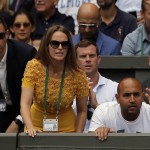 Kim Sears, wife of Andy Murray of Britain, watches as he plays Milos Raonic of Canada in the men's singles final on the fourteenth day of the Wimbledon Tennis Championships in London, Sunday, July 10, 2016. (Andy Couldridge/Pool Photo via AP)