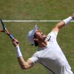 Andy Murray of Britain serves to Milos Raonic of Canada during the men's singles final on the fourteenth day of the Wimbledon Tennis Championships in London, Sunday, July 10, 2016. (John Walton/Pool Photo via AP)