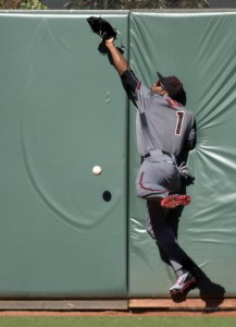 Arizona Diamondbacks' Michael Bourn cannot make the catch of San Francisco Giants' Angel Pagan's double off the wall during the first inning of a baseball game on Sunday, July 10, 2016, in San Francisco. (AP Photo/D. Ross Cameron)