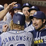 San Diego Padres' Travis Jankowski, left, celebrates his run scored against the Arizona Diamondbacks with teammates, including Brett Wallace, right, during the seventh inning of a baseball game Wednesday, July 6, 2016, in Phoenix. (AP Photo/Ross D. Franklin)