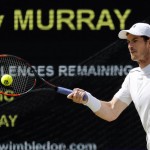 Andy Murray of Britain hits a return to Milos Raonic of Canada during the men's singles final on the fourteenth day of the Wimbledon Tennis Championships in London, Sunday, July 10, 2016. (AP Photo/Ben Curtis)