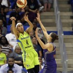 Dallas Wings guard Skylar Diggins (4) passes against Phoenix Mercury guard Diana Taurasi, right, during the first half of a WNBA basketball game in Arlington, Texas, Tuesday, July 5, 2016. (AP Photo/LM Otero)