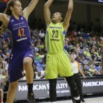 Dallas Wings forward Aerial Powers (23) shoots against Phoenix Mercury center Brittney Griner (42) during the second half of a WNBA basketball game in Arlington, Texas, Tuesday, July 5, 2016. The Wings won 77-74. (AP Photo/LM Otero)
