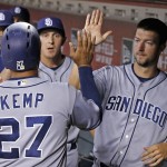 San Diego Padres' Matt Kemp (27) gets high-fives from teammates Colin Rea, right, and Alex Dickerson, middle, after Kemp scored a run against the Arizona Diamondbacks during the fourth inning of a baseball game Wednesday, July 6, 2016, in Phoenix. (AP Photo/Ross D. Franklin)