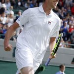 Sam Querrey of the U.S celebrates after beating Novak Djokovic of Serbia in their men's singles match on day six of the Wimbledon Tennis Championships in London, Saturday, July 2, 2016. (AP Photo/Alastair Grant)