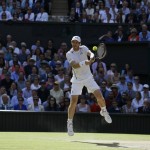 Andy Murray of Britain plays a return to Milos Raonic of Canada on the fourteenth day of the Wimbledon Tennis Championships in London, Sunday, July 10, 2016. (AP Photo/Kirsty Wigglesworth)