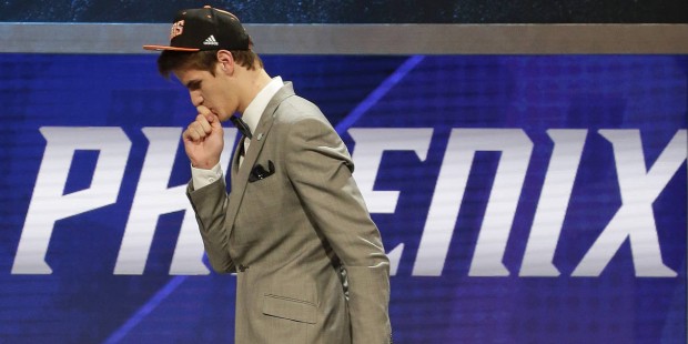 Dragan Bender walks off the stage after being selected fourth overall by the Phoenix Suns during th...