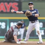 Milwaukee Brewers' Scooter Gennett gets the force out on Arizona Diamondbacks' Paul Goldschmidt while turning a double play getting Rickie Weeks Jr. out air first during the sixth inning of a baseball game Thursday, July 28, 2016, in Milwaukee. (AP Photo/Tom Lynn)