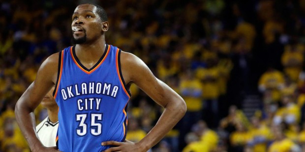 FILE - In this May 26, 2016, file photo, Oklahoma City Thunder's Kevin Durant watches during the cl...