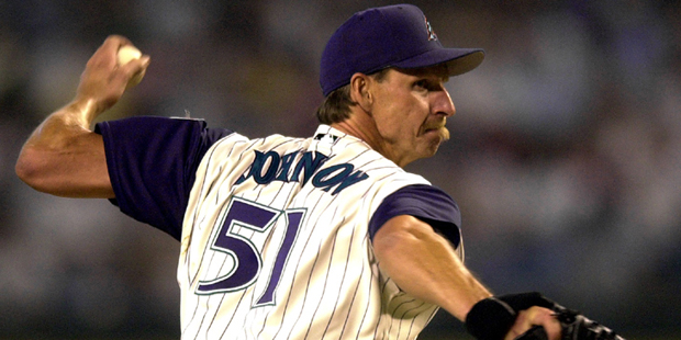 Arizona Diamondbacks ace Randy Johnson delivers a pitch against the San Diego Padres during the nin...