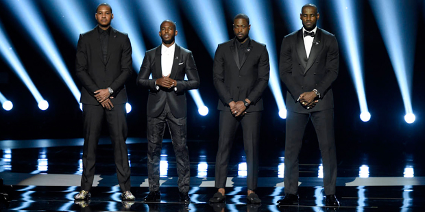 NBA basketball players Carmelo Anthony, from left, Chris Paul, Dwyane Wade and LeBron James speak o...