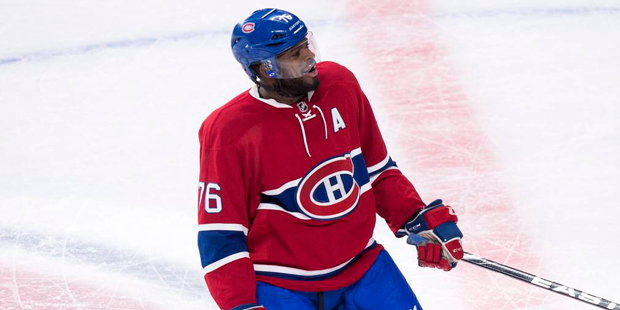 Montreal Canadiens' P.K. Subban celebrates his goal against the Pittsburgh Penguins during the seco...