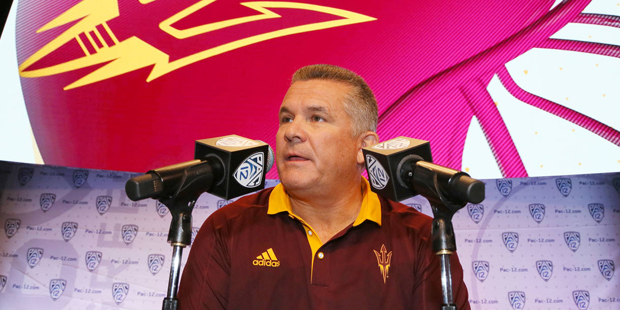 Arizona State head coach Todd Graham speaks at the Pac-12 NCAA college football media day in Los An...