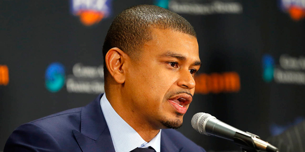 Newly appointed Phoenix Suns head coach Earl Watson speaks after being promoted from interim head c...