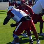 OC Harold Goodwin works with lineman Mike Iupati during a training camp practice Aug. 14. (Photo by Adam Green/Arizona Sports)