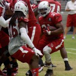 RB David Johnson runs with the ball while S D.J. Swearinger waits during training camp Aug. 10. (Photo by Adam Green)