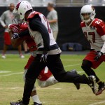 CB Patrick Peterson tries to knock the ball away from RB David Johnson during training camp Aug. 10. (Photo by Adam Green)