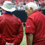 Assistant coach Tom Moore chats with former Giants coach Tom Coughlin during Arizona Cardinals training camp Aug. 24. (Photo by Adam Green/Arizona Sports)