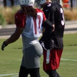 QB Carson Palmer and WR Larry Fitzgerald during a training camp practice Aug. 14. (Photo by Adam Green/Arizona Sports)