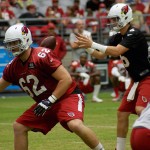 QB Jake Coker receives the snap while Clay DeBord blocks during training camp Aug. 10. (Photo by Adam Green)