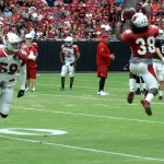 Running back Andre Ellington leaps to make a catch during training camp on Aug. 1. (Photo by Adam Green/Arizona Sports)
