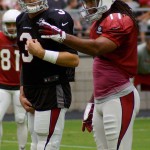 QB Carson Palmer and WR Larry Fitzgerald during training camp Aug. 5. (Photo by Adam Green/Arizona Sports)
