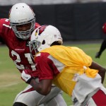 CB Patrick Peterson guards WR John Brown during training camp Aug. 22. (Photo by Adam Green/Arizona Sports)