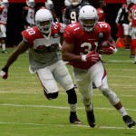 RB David Johnson runs with the ball while $ LB Deone Bucannon chases during training camp Aug. 8. (Photo by Adam Green/Arizona Sports)