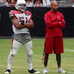 Linebacker Kevin Minter stands with linebacker coach Larry Foote during training camp Aug. 5. (Photo by Adam Green/Arizona Sports)