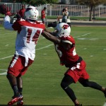 WR J.J. Nelson catches a pass in front of CB Brandon Williams during a training camp practice Aug. 14. (Photo by Adam Green/Arizona Sports)