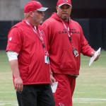 Coach Bruce Arians and offensive coordinator Harold Goodwin during training camp Aug. 9. (Photo by Adam Green/Arizona Sports)