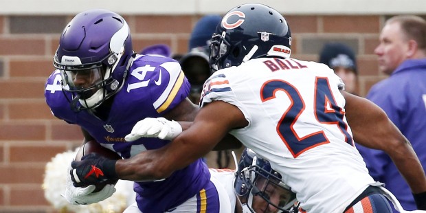 Minnesota Vikings wide receiver Stefon Diggs (14) breaks away from Chicago Bears cornerback Alan Ba...