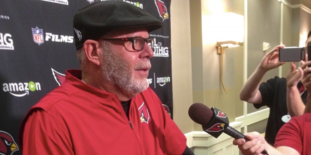 Cardinals coach Bruce Arians talks with the media on Aug. 17. (Photo by Adam Green/Arizona Sports)...