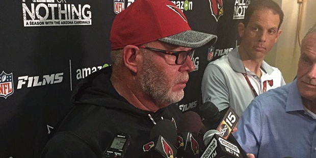Bruce Arians speaks with the media in San Diego. (Photo by Vince Marotta/Arizona Sports)...