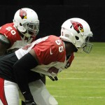 Linebackers Deone Bucannon (20) and Chandler Jones (55) get ready for the snap at Arizona Cardinals training camp Tuesday, August 9, 2016. (Photo: Vince Marotta/Arizona Sports)