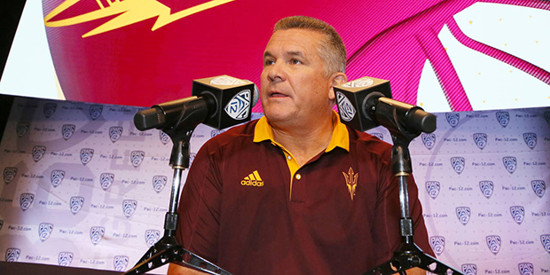 Arizona State head coach Todd Graham speaks at the Pac-12 NCAA college football media day in Los An...