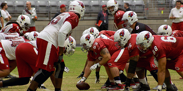 The Cardinals get set to snap the ball during training camp Aug. 10. (Photo by Adam Green/Arizona S...