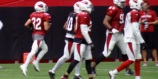 Safety Tyrann Mathieu returns and interception during Wednesday's practice. (Photo by Adam Green/Ar...