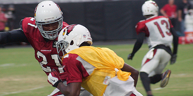 CB Patrick Peterson guards WR John Brown during training camp Aug. 22. (Photo by Adam Green/Arizona...