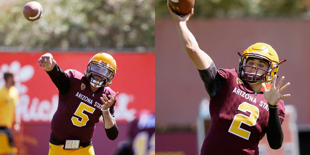 Manny Wilkins and Brady White are in the running to win the Arizona State starting QB gig. (Associa...