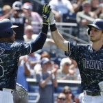 San Diego Padres' Travis Jankowski is congratulated by Yangervis Solarte after hitting a two run homer against the Arizona Diamondbacks in the third inning of a baseball game, Sunday, Aug. 21, 2016, in San Diego. (AP Photo/Lenny Ignelzi)