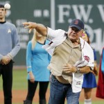 
              William Shatner throws out the ceremonial first pitch in front of characters from Boston Comic Con, before a baseball game between the Boston Red Sox and the Arizona Diamondbacks in Boston, Friday, Aug. 12, 2016. (AP Photo/Michael Dwyer)
            