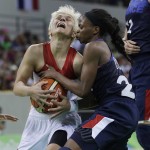Turkey guard Isil Alben, left, is fouled by France guard Olivia Epoupa during the second half of a women's basketball game at the Youth Center at the 2016 Summer Olympics in Rio de Janeiro, Brazil, Saturday, Aug. 6, 2016. France defeated Turkey 55-39. (AP Photo/Carlos Osorio)