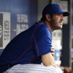 New York Mets starting pitcher Matt Harvey, who is recovering from surgery, watches from the dugout during a baseball game between the Mets and the Arizona Diamondbacks, Tuesday, Aug. 9, 2016, in New York. (AP Photo/Kathy Willens)