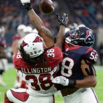 Houston Texans outside linebacker Reshard Cliett (58) breaks up a pass intended for Arizona Cardinals running back Andre Ellington (38) during the second half of an NFL preseason football game, Sunday, Aug. 28, 2016, in Houston. (AP Photo/George Bridges)