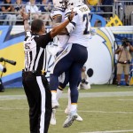 
              DELETES REFERENCE TO TOUCHDOWN - San Diego Chargers defensive back Darrell Stuckey, right, celebrates his interception with cornerback Craig Mager during the first half of a preseason NFL football game against the Arizona Cardinals, Friday, Aug. 19, 2016, in San Diego. (AP Photo/Denis Poroy)
            