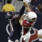 Houston Texans defensive back Charles James (31) breaks up a pass intended for Arizona Cardinals wide receiver Jaxon Shipley (16) during the second half of an NFL preseason football game, Sunday, Aug. 28, 2016, in Houston. (AP Photo/Jeff Roberson)