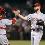 Cincinnati Reds starting pitcher Anthony DeSciafani, right, is congratulated by catcher Ramon Cabrera after pitching a four-hit shutout against the Arizona Diamondbacks during a baseball game, Saturday, Aug. 27, 2016, in Phoenix. The Reds defeated the Diamondbacks 13-0. (AP Photo/Ralph Freso)