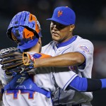 New York Mets' Jeurys Familia, right, hugs catcher Rene Rivera after the final out of a baseball game against the Arizona Diamondbacks on Tuesday, Aug. 16, 2016, in Phoenix. The Mets defeated the Diamondbacks 7-5. (AP Photo/Ross D. Franklin)
