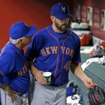 New York Mets manager Terry Collins, left, talks with pitcher Jonathon Niese after Niese was taken out during the fifth inning of a baseball game against the Arizona Diamondbacks on Wednesday, Aug. 17, 2016, in Phoenix. (AP Photo/Ross D. Franklin)